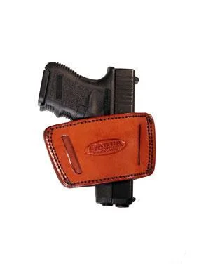 TAGUA Inside Waistband Brown Small Leather Holster, side view with black handgun inserted