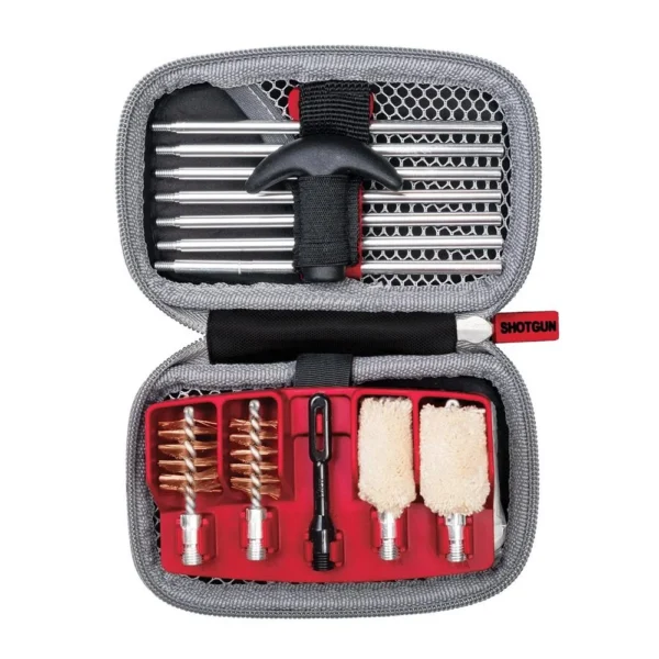 Real Avid Gun Boss Shotgun Cleaning Kit open gray zip case with rods, brushes, mops and handle