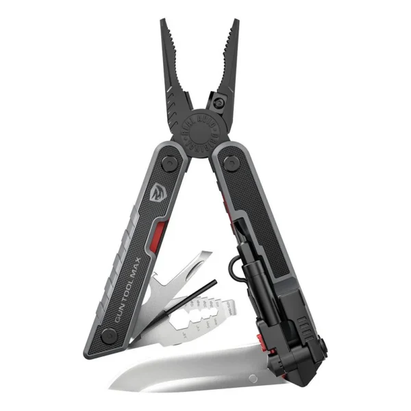 Real Avid Gun Tool Max open black multi-tool with pliers, knife and fold-out implements