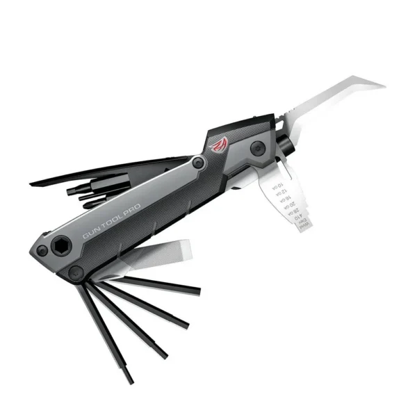 Real Avid Gun Tool Pro open gray and black multi-tool with knife and fold-out implements