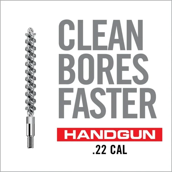Real Avid Bore-Max Speed Brush .22, silver spiral brush with threaded base, front view