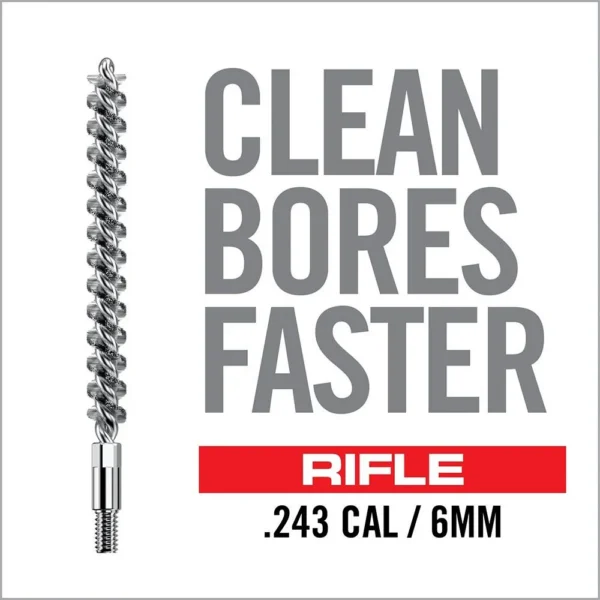 Real Avid Bore-Max Speed Brush .243, silver spiral rifle brush with threaded base, front view