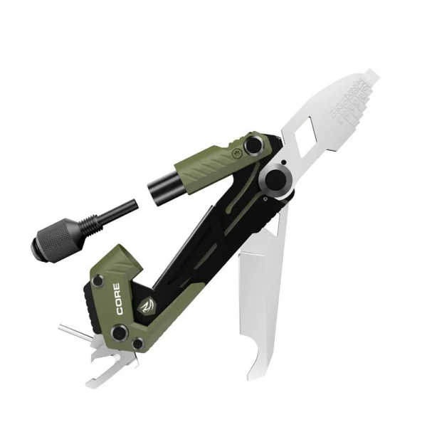 Real Avid Gun Tool CORE Shotgun Critical Task Multi-Tool open side view in olive green and black