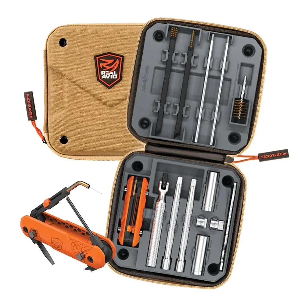 primary-43219 REAL AVID BREECH PLUG MAINTENANCE KT, open tan cases with tools and orange folding tool