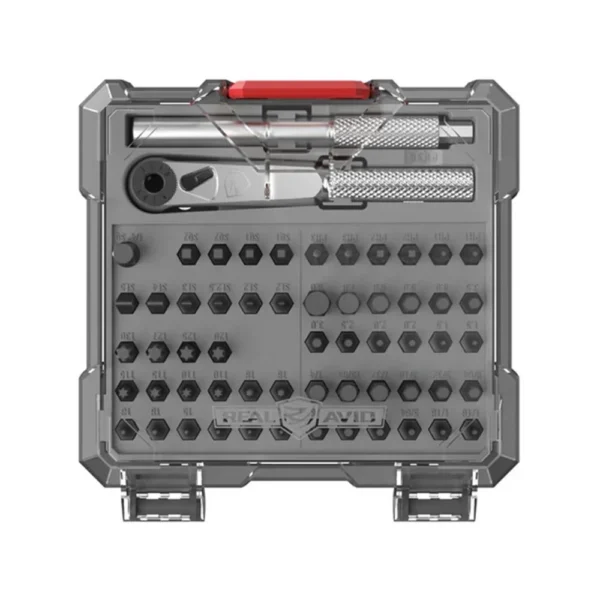 REAL AVID X3 DRIVER 57PC BIT SET open gray case with driver, ratchet and rows of black bits