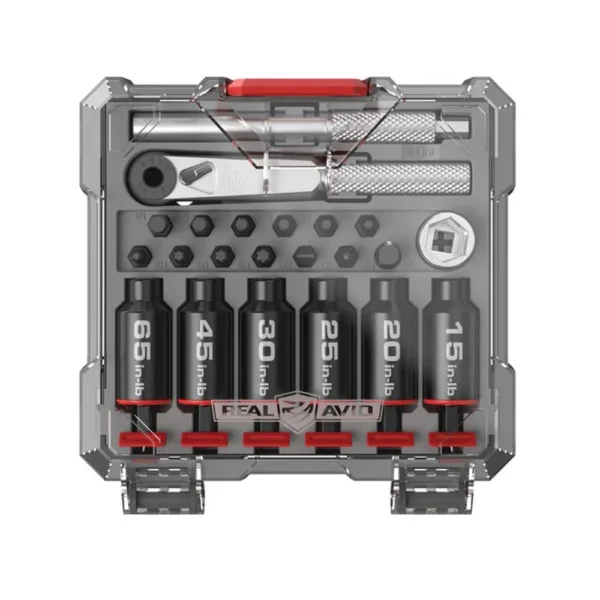 REAL AVID SMART-TORQ FXD LIMITER/X3 black and red tool set displayed in an open gray case