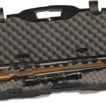 Plano ProMax Single Scopes Rifle black case open with foam lining and wood-stock rifle inside