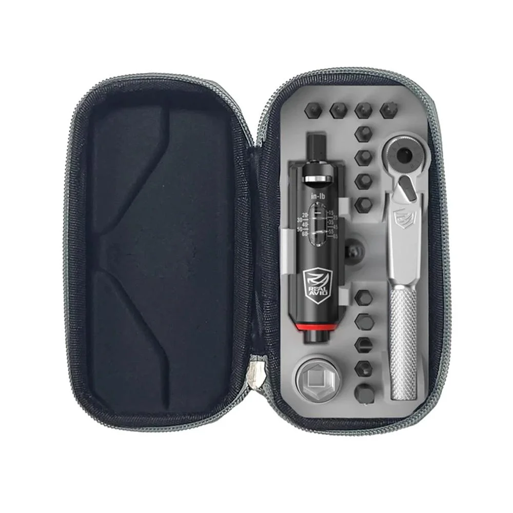 primary-43236 REAL AVID SMART-TORQ ADJ LIMITER/X3, open black zip case with torque tool, handle and assorted bits