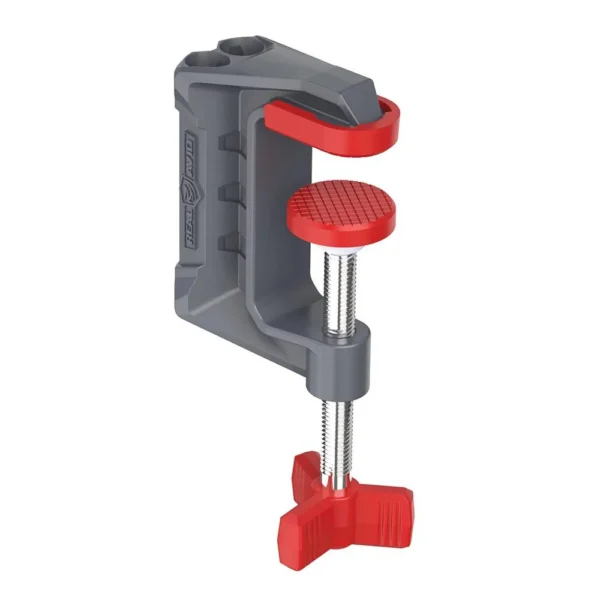Real Avid Smart-Assist C-Mount, gray and red clamp in angled side view with adjustment screw