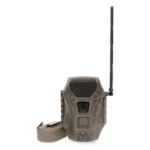 GSM Wildgame Innovations Terra XT cell trail camera, brown front view with antenna and strap