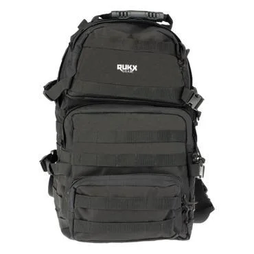 RUKX Gear Tactical 3 Day Backpack, black front view with zip compartments and webbing