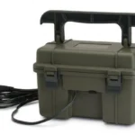 GSM Stealthcam 12V Battery Box, green front view with handle and attached black cable