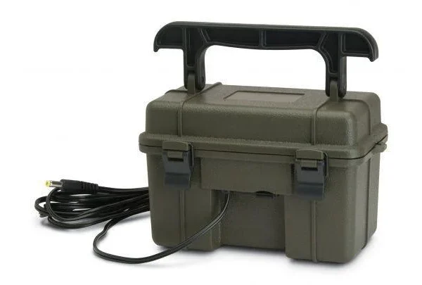 GSM Stealthcam 12V Battery Box, green front view with handle and attached black cable