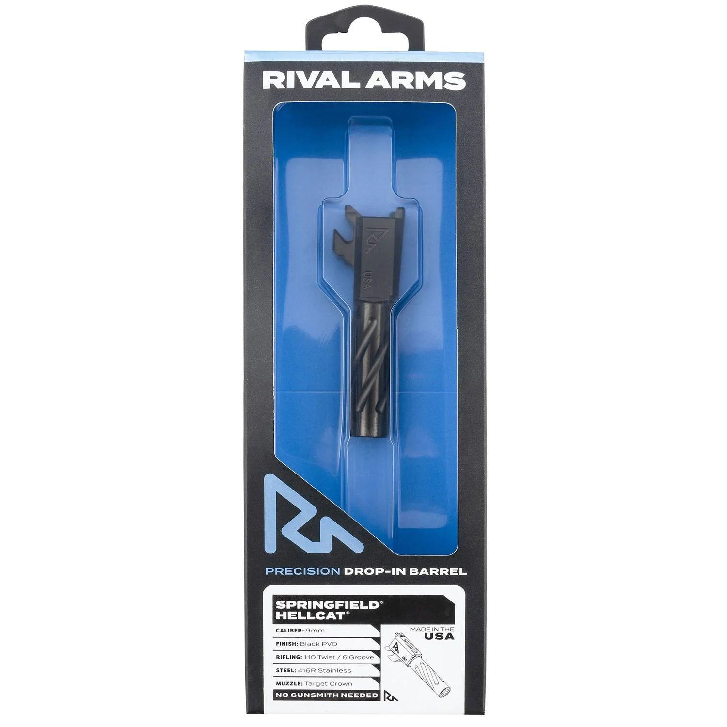 primary-43256 Rival Arms Steel Drop in Barrel for Hellcat V1, black barrel visible in blue retail packaging