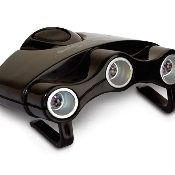 GSM Cyclops Orion Hat Clip Light, black angled front view with three round LED lamps