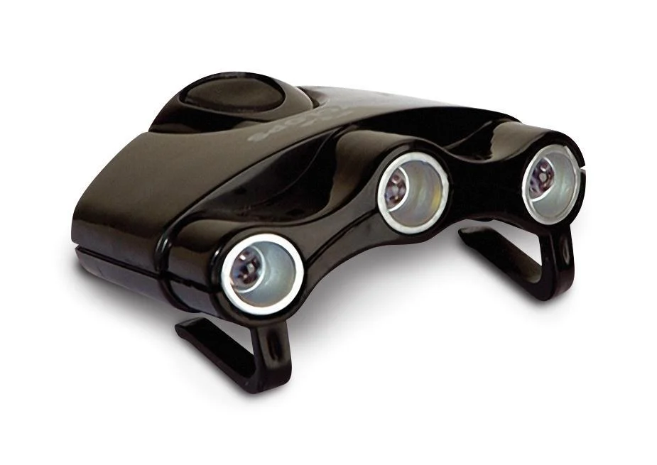 primary-43263 GSM Cyclops Orion Hat Clip Light, black angled front view with three round LED lamps
