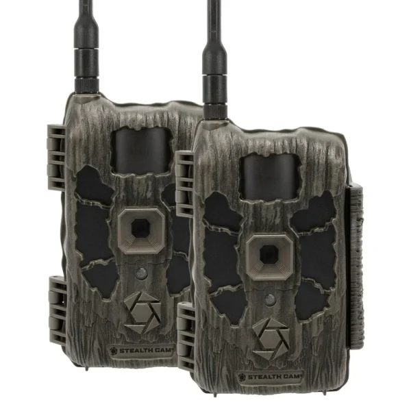Gsm Stealth Cam Deceptor Max Cellular Trail Camera, front view of two camo cameras with antennas
