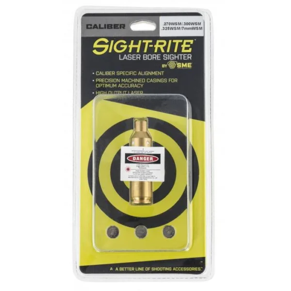 Gsm SME Laser Bore Sight in clear retail packaging with black and yellow target design