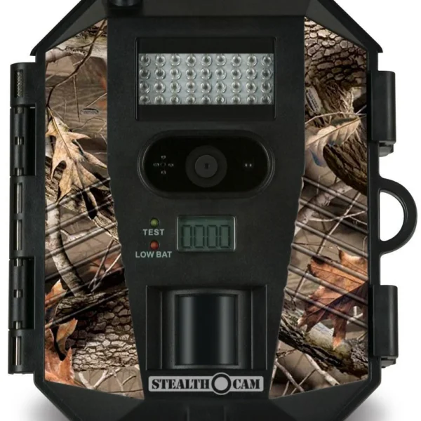 Gsm Stealth Cam Sniper, front view with camouflage housing, infrared panel, lens and display