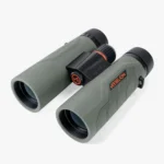 Athlon Neos G2 HD binoculars, green angled front view with black eyecups and focus wheel