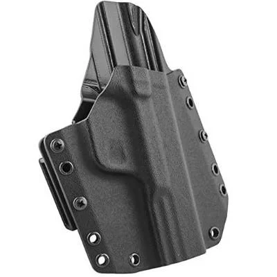 Mission First Tactical OWB Holster black holster, angled front view, with riveted edges