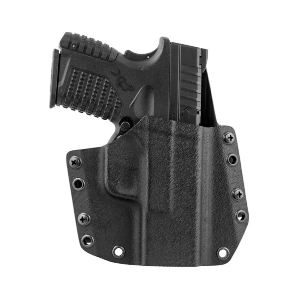 Mission First Tactical OWB Holster, black right-hand holster shown from the side with handgun inserted