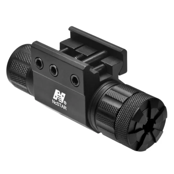 NcSTAR Pistol and Rifle Green Laser, angled view of black housing with Weaver mount