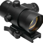 NcStar 40mm Red Dot with Red Laser, black angled front view with lens, adjustment knobs and QR mount