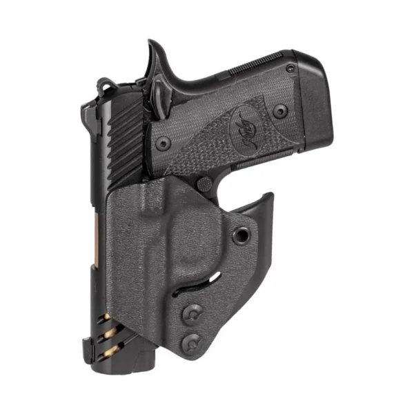 Mission First Tactical MFT Minimalist Appendix IWB Holster, black front view holding a handgun