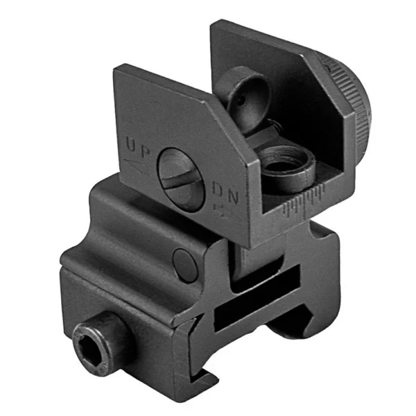 NcSTAR AR15 Flip Up Rear Sight, black, angled rear view with aperture and adjustment markings