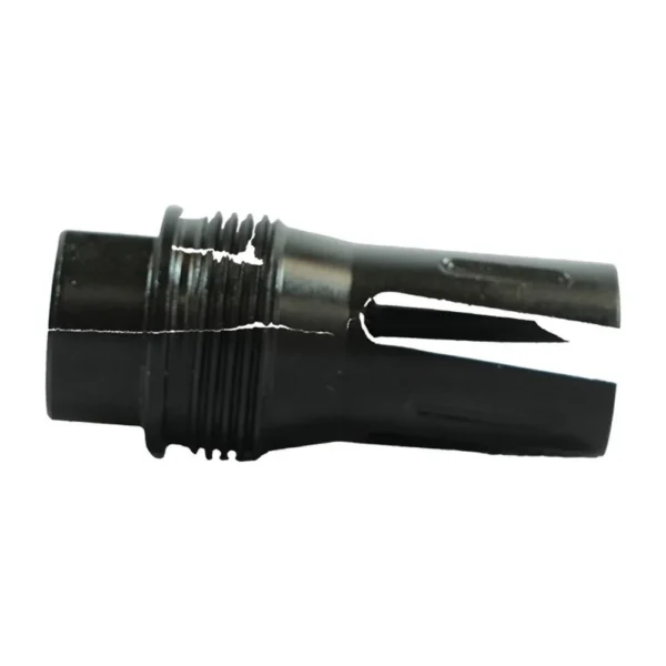 Radical Defense KFM Flash Hider, black side view with threaded end and two long ports