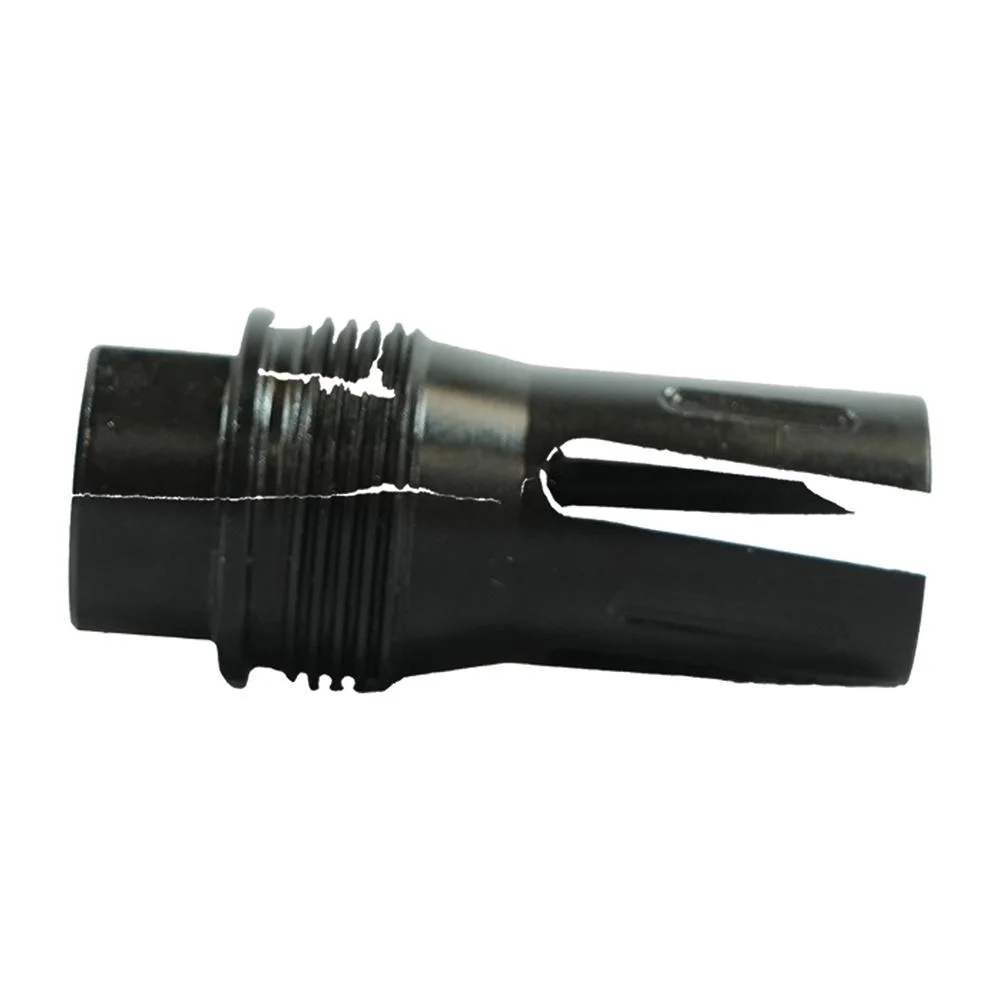primary-43347 Radical Defense KFM Flash Hider, black side view with threaded end and two long ports