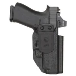 Mission First Tactical AIWB/OWB Holster for Glock 48 MOS, black front view with belt clip and pistol