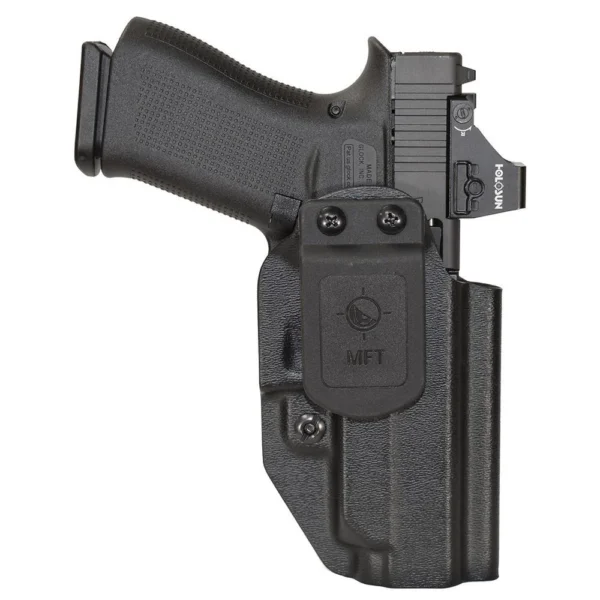 Mission First Tactical AIWB/OWB Holster for Glock 48 MOS, black front view with belt clip and pistol