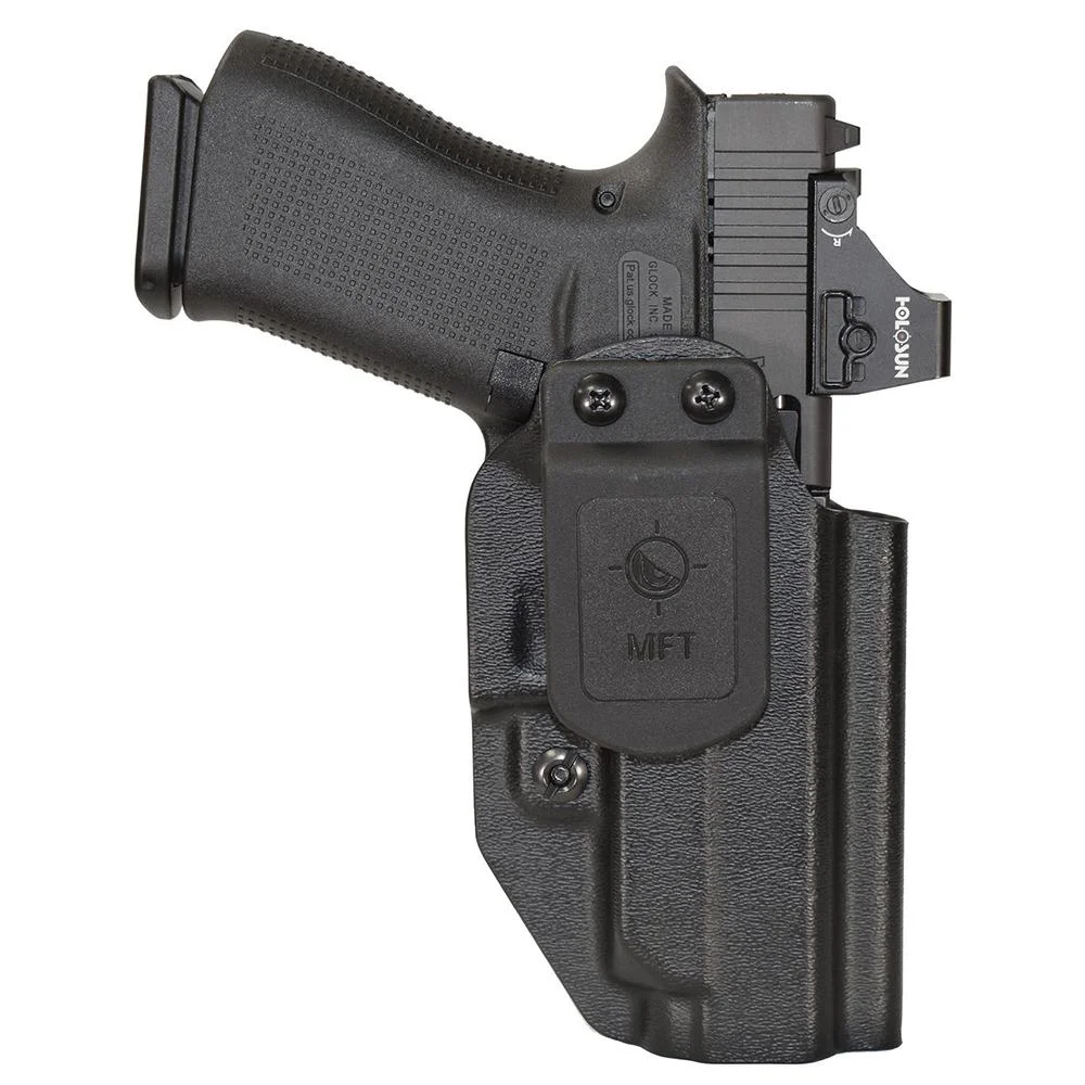 primary-43348 Mission First Tactical AIWB/OWB Holster for Glock 48 MOS, black front view with belt clip and pistol