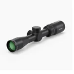 Athlon Neos HMR 2-7x32 black rifle scope in angled view with green-tinted objective lens