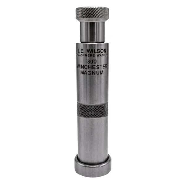 L.E. Wilson Stainless Steel Chamber Type Bullet Seater Die, upright with knurled ends
