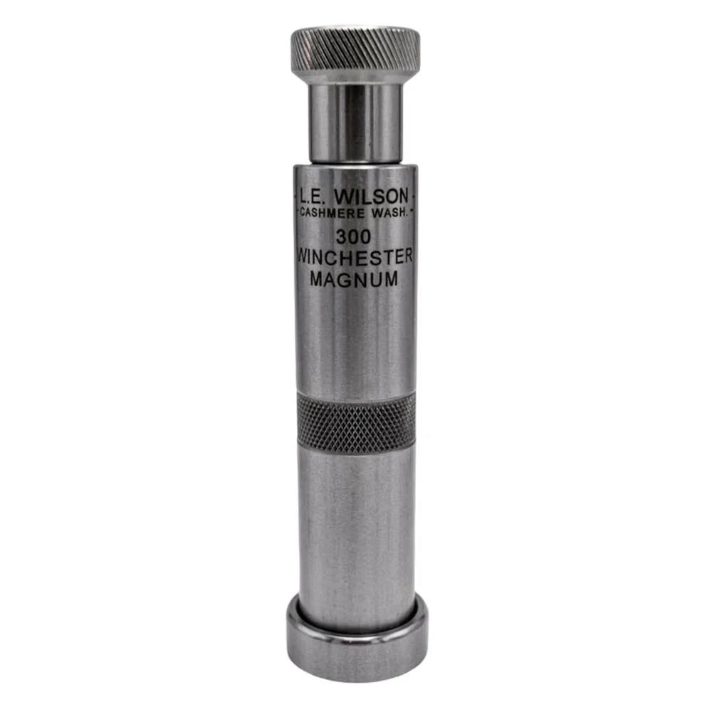 primary-43357 L.E. Wilson Stainless Steel Chamber Type Bullet Seater Die, upright with knurled ends