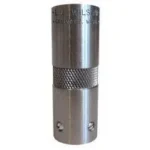 L.E. Wilson Adjustable Case Gage, silver cylindrical gauge upright with knurled center band