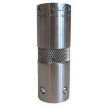 L.E. Wilson Adjustable Case Gage, silver cylindrical gauge upright with knurled center band