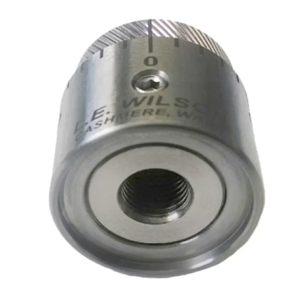 Wilson Micro-Adjustable Bullet Seater Cap, stainless steel close-up with knurled edge and threaded hole