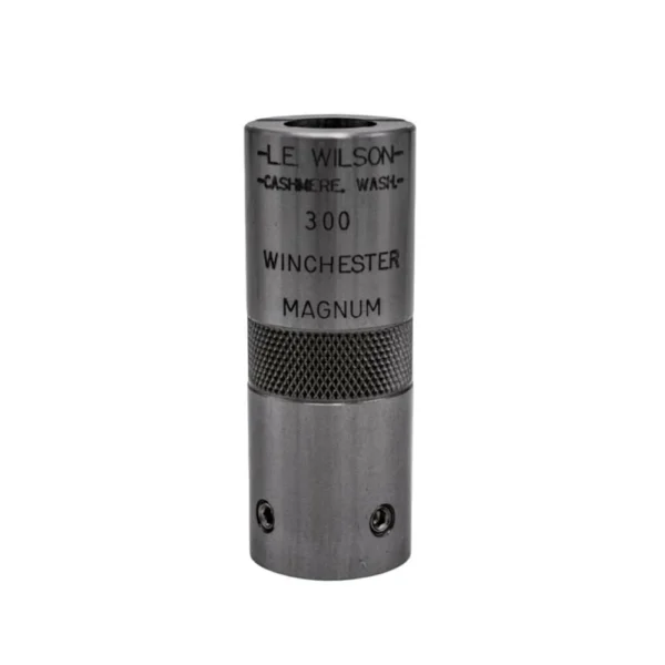 L.E. Wilson Adjustable Case Gage, silver cylinder upright with engraved text and knurled band