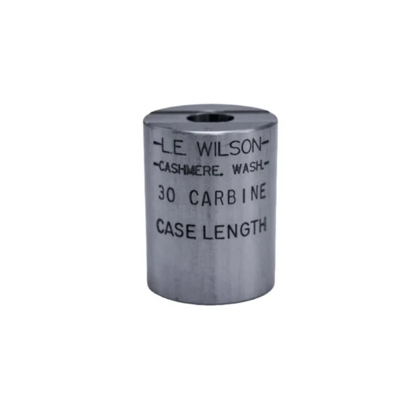 Wilson Case Length Gage .357 Mag, front view of gray cylindrical metal gauge with top opening