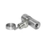 L.E. Wilson Stainless Steel Bullet Seater Die, angled view with micrometer and adjustment tool