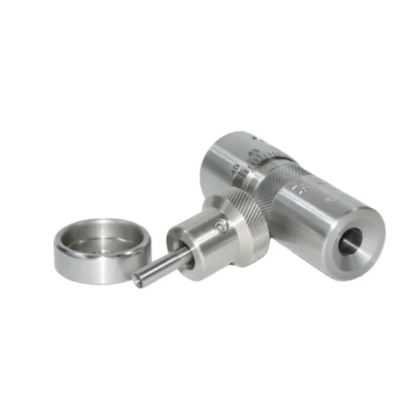 L.E. Wilson Stainless Steel Bullet Seater Die, silver disassembled view with micrometer and cap