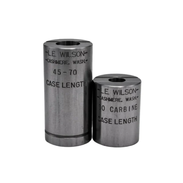 Wilson Case Length Gage 45-70, gray cylindrical gauge beside a shorter gray gauge, angled front view