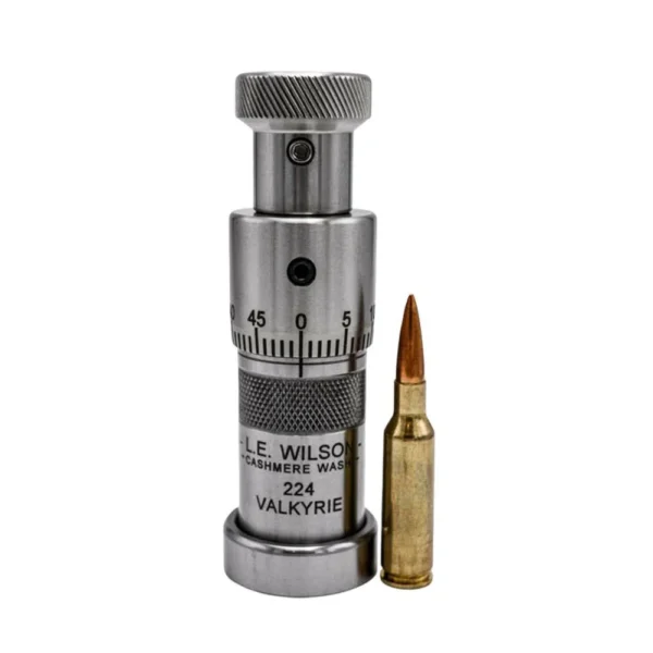 L.E. Wilson Stainless Steel VLD Bullet Seater, upright with micrometer adjustment and cartridge