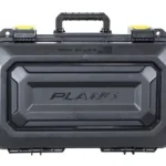 PLANO ALL WEATHER 2 FOUR PSTL CASE, closed black front view with handle and yellow latches