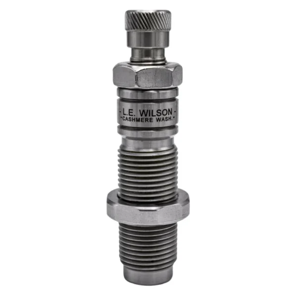 L.E. Wilson Full Length Sizing Die, silver threaded die with knurled top, front view