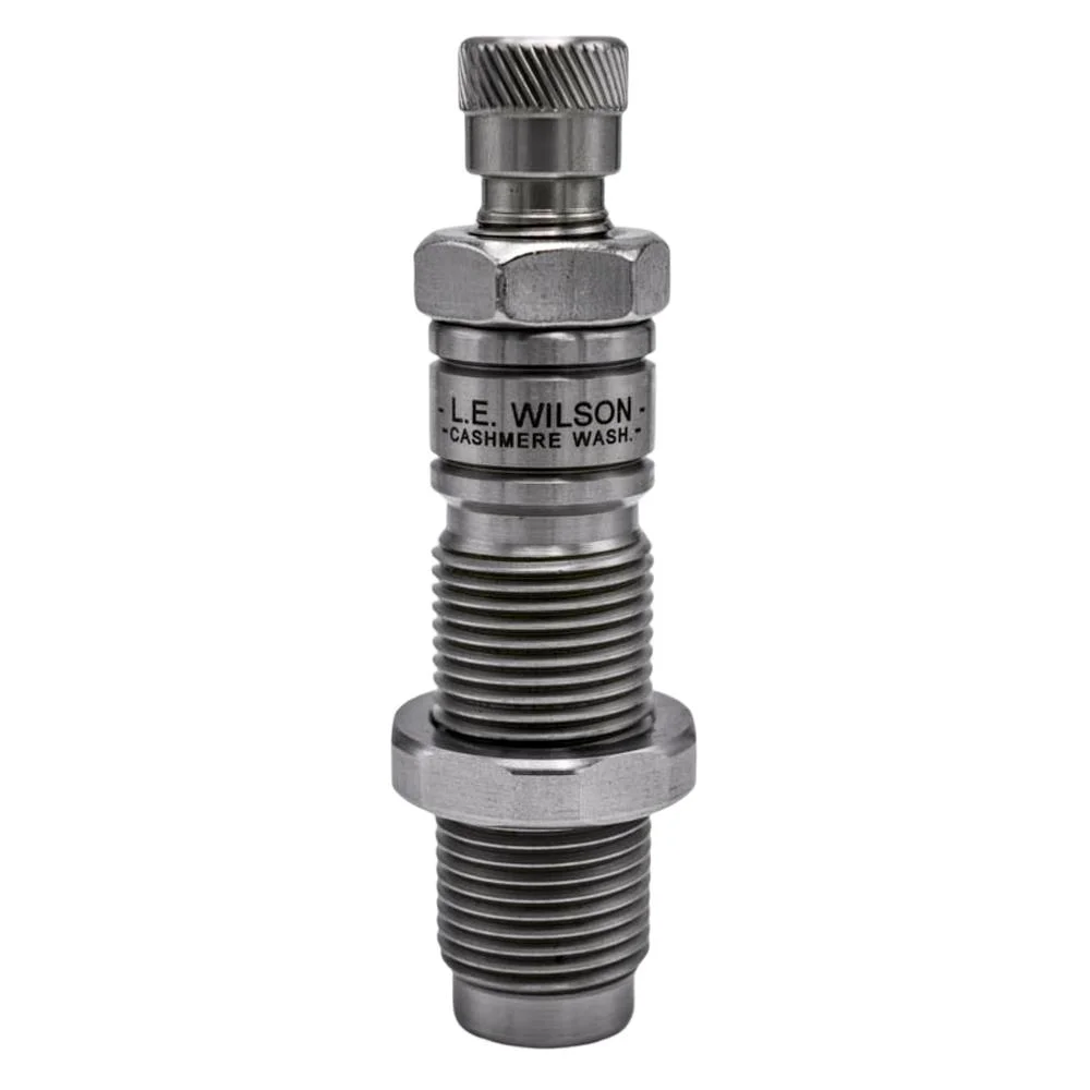 primary-43452 L.E. Wilson Full Length Sizing Die, silver threaded die with knurled top, front view